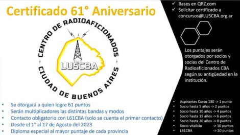 Certificado del 61° aniversario del Centro de Radioaficionados CBA